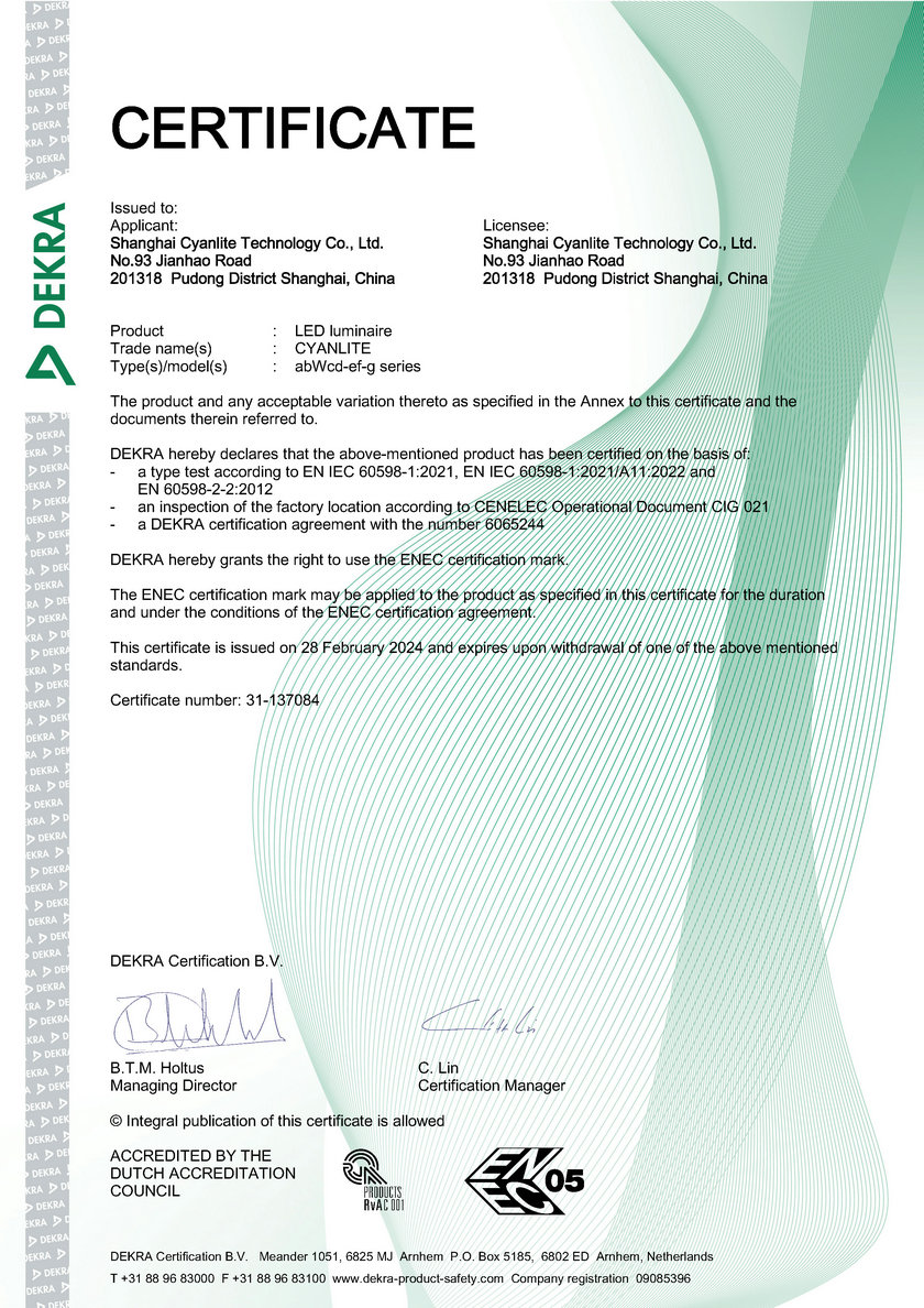 Cyanlite Dekra ENEC certificate 6166340